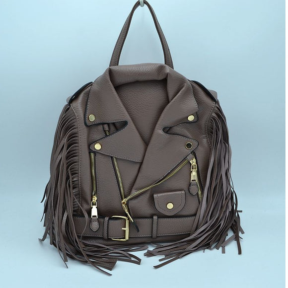 Convertible fringe leather jacket tote & backpack - stone