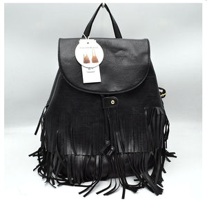 Fringe backpack with drawstring - black