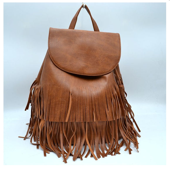 Fringe backpack with drawstring - brown
