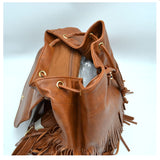 Fringe backpack with drawstring - brown