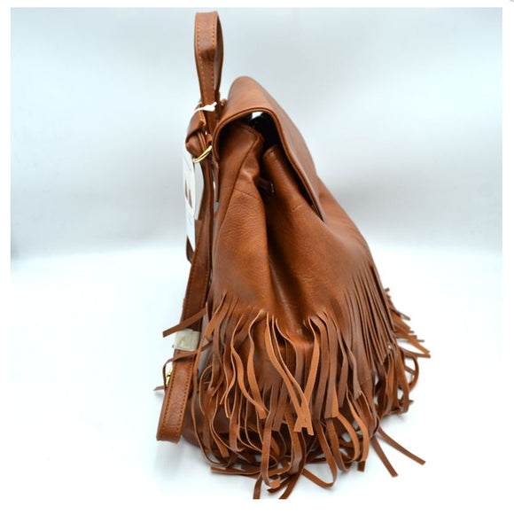 Fringe backpack with drawstring- tan