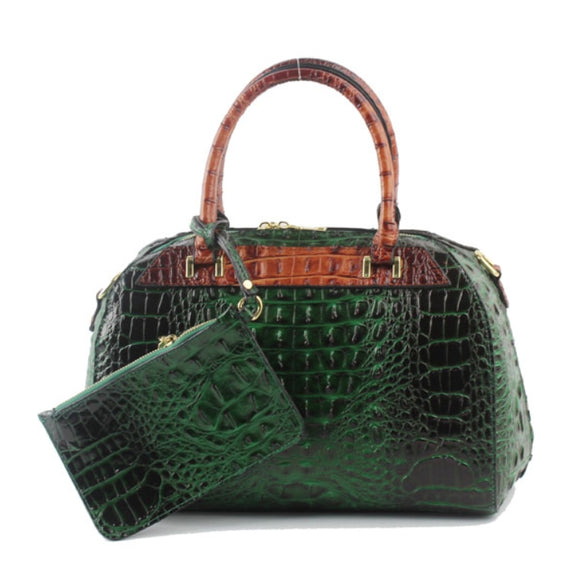 Two-tone crocodile embossed tote with wristlet - red