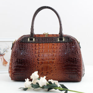 Two-tone crocodile embossed tote with wristlet - brown