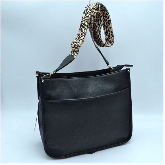 Leopard print strap shoulder bag - black