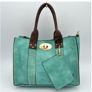 3 in 1 Studded turn lock tote - mint/brown