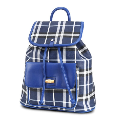 Plaid pattern front pocket backpack - blue