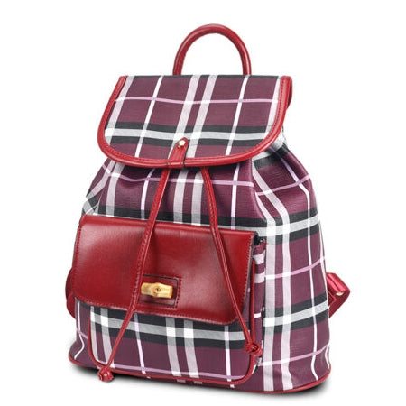 Plaid pattern front pocket backpack - maroon