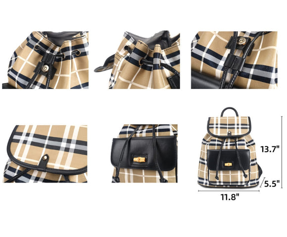 Plaid pattern front pocket backpack - black