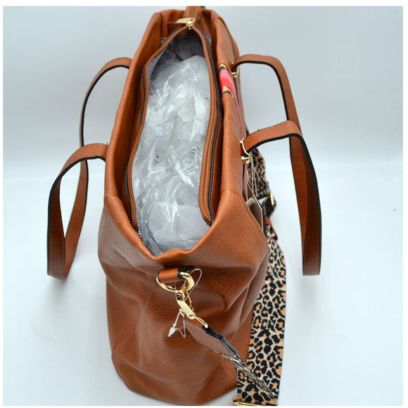 Leopard pattern and color line stripe tote - brown