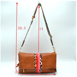 Fold-over leopard pattern and color line stripe crossbody bag - stone