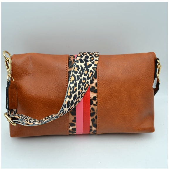 Fold-over leopard pattern and color line stripe crossbody bag - dark mint