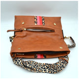 Fold-over leopard pattern and color line stripe crossbody bag - dark mint
