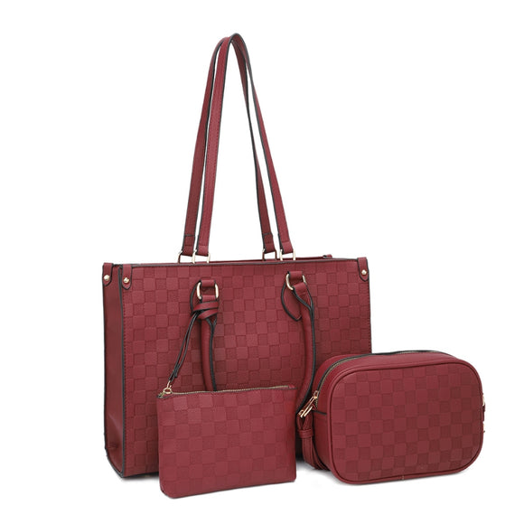3-in-1 weaving pattern decorated handbag set - burgundy