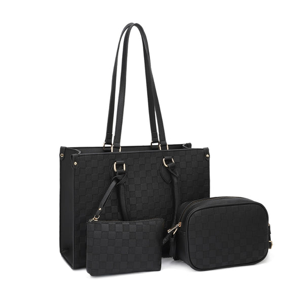 3-in-1 weaving pattern decorated handbag set - black