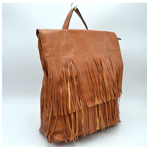 Convertible fringe backpack - brown