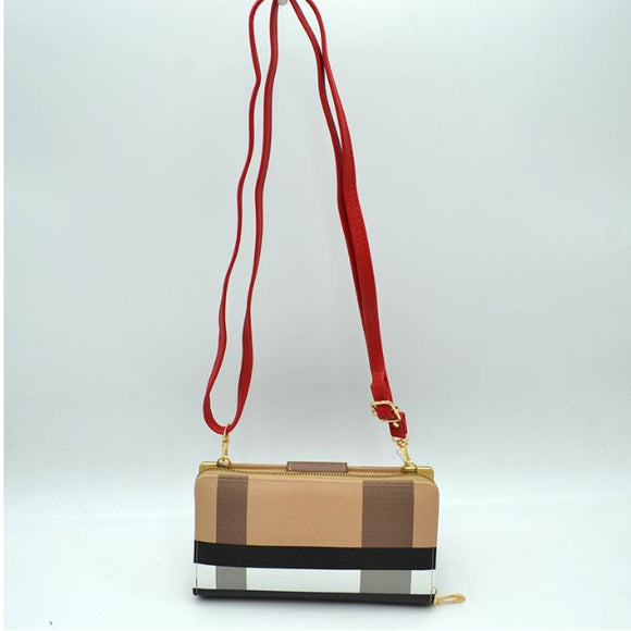 Plaid turn-lock wallet crossbody bag - red/brown