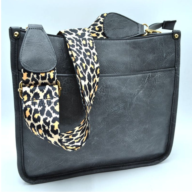 Dark Grey Leather Cross-body Bag With Grey Leopard Strap 