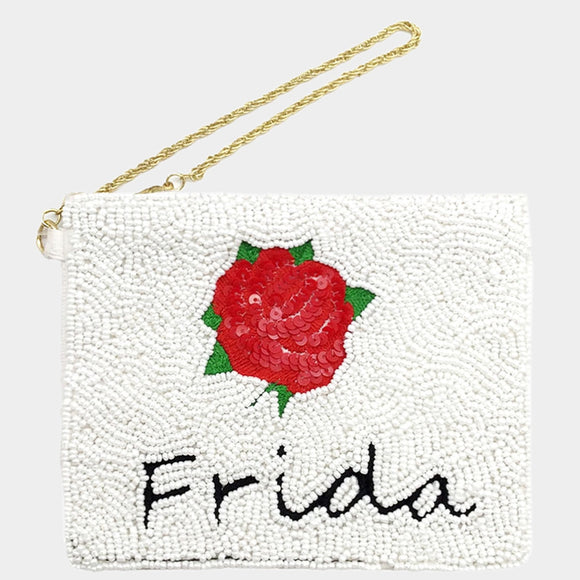 Frida Beaded Rose Flower Mini Pouch Bag - white