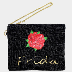 Frida Beaded Rose Flower Mini Pouch Bag - black