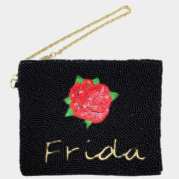 Frida Beaded Rose Flower Mini Pouch Bag - black