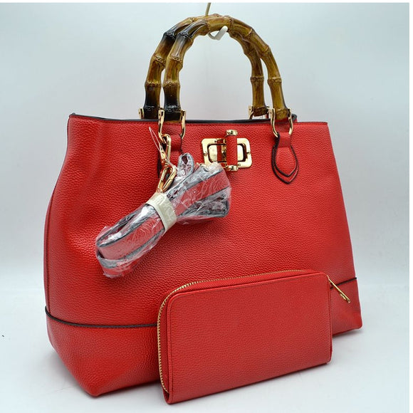 Bamboo handle tote with wallet - red