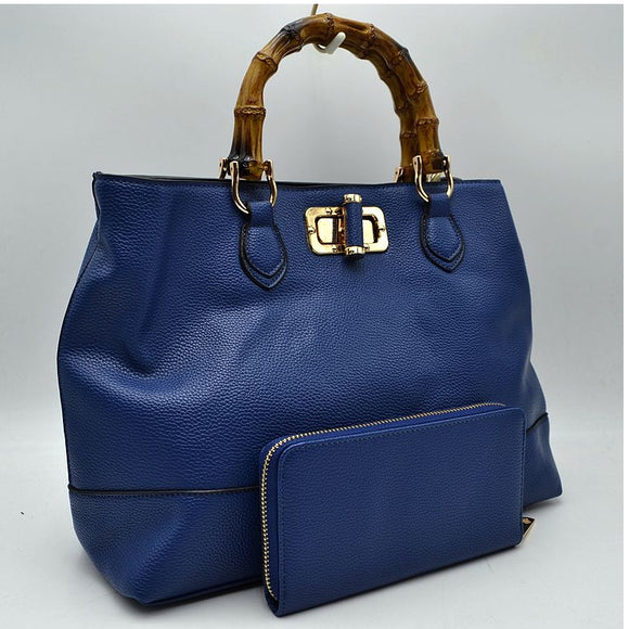 Bamboo handle tote with wallet - navy blue
