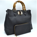 Bamboo handle tote with wallet - black