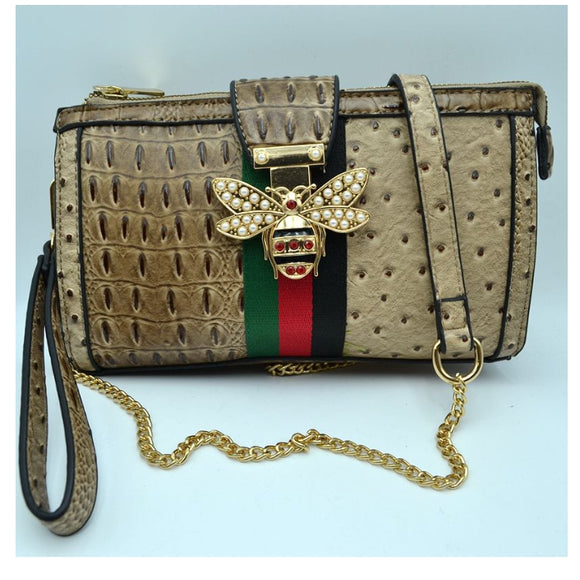 Crocodile & Ostrich chain crossbody with queen bee - tan