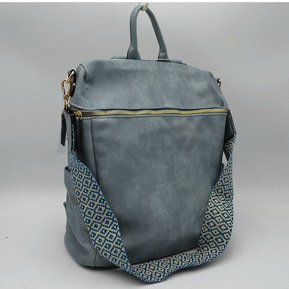 Zipper around convertible backpack shoulder bag with fashion strap - denim