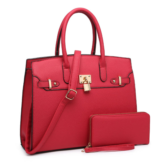 Decorated lock tote with wallet - red
