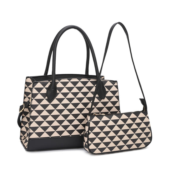 2-in-1 monogram pattern tote, crossbody bag - black