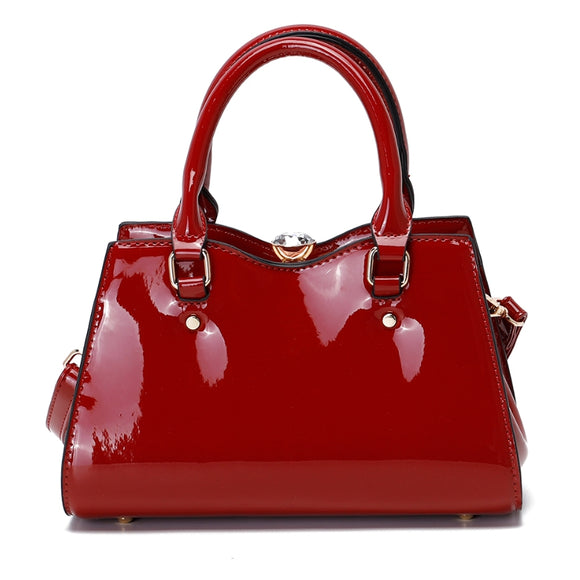 Tall glossy leather rhinestone top tote - red