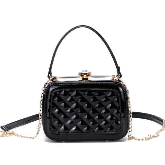 Quilted glossy leather rhinestone top chain crossbody bag - black