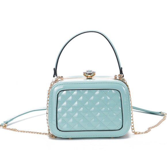 Quilted glossy leather rhinestone top chain crossbody bag - mintgreen