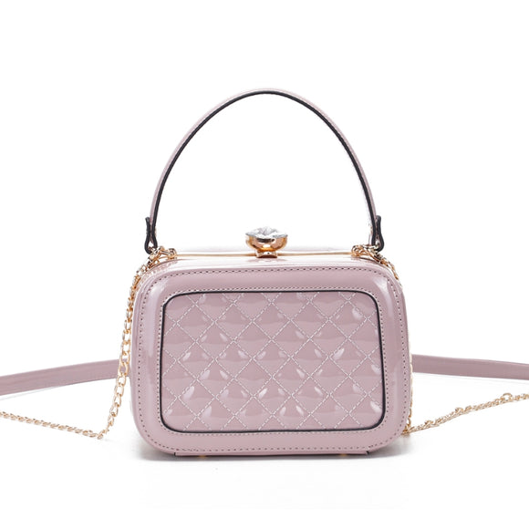 Quilted glossy leather rhinestone top chain crossbody bag - lavender