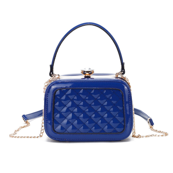 Quilted glossy leather rhinestone top chain crossbody bag - navy