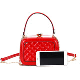 Quilted glossy leather rhinestone top chain crossbody bag - red