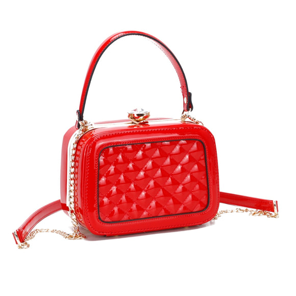 Quilted glossy leather rhinestone top chain crossbody bag - red