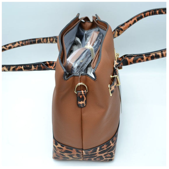 Leopard pattern detail decorated lock accent tote - brown