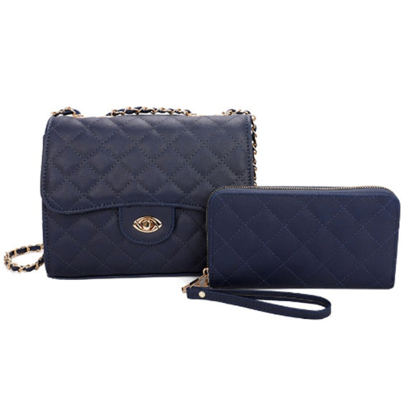 Diamond quilted chain crossbody bag with wallet - navy