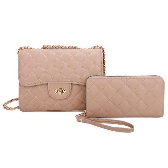 Diamond quilted chain crossbody bag with wallet - stone