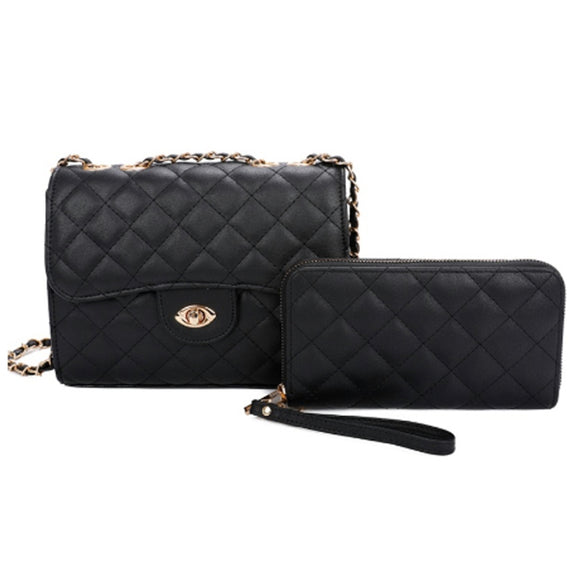 Diamond quilted chain crossbody bag with wallet - black