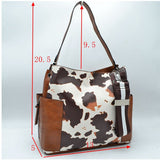 Sidded pocket cow print shoulder bag with stripe strap - black