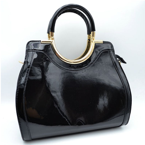 Patent leather hard handle tote - black