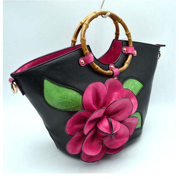 3D flower tote with bamboo handle - black/fuchsia