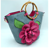 3D flower tote with bamboo handle - blue/fuchsia