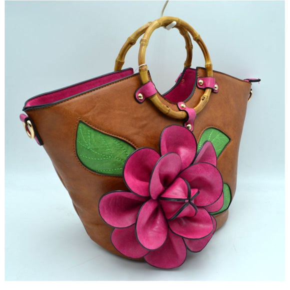 3D flower tote with bamboo handle - brown/fuchsia