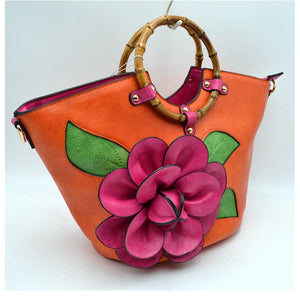 3D flower tote with bamboo handle - orange/fuchsia