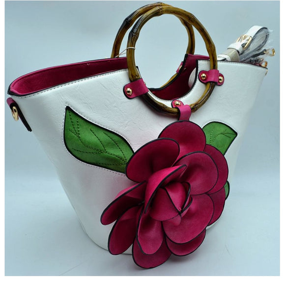 3D flower tote with bamboo handle - white/fuchsia