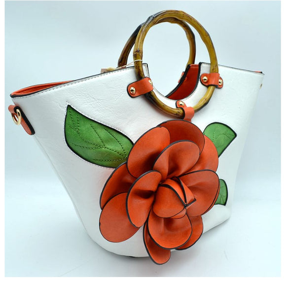 3D flower tote with bamboo handle - white/orange